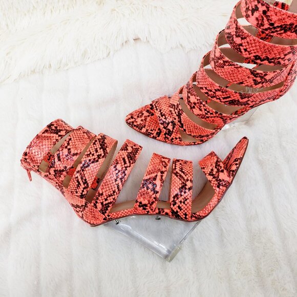 Coral Orange Snake Sexy  4" clear Wedge shoes - Picture 2 of 16